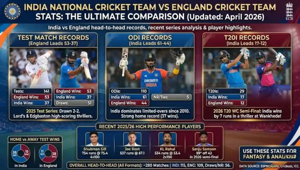 India National Cricket Team vs England Cricket Team Stats