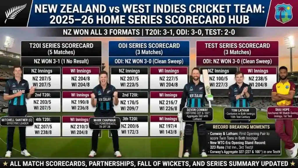 New Zealand National Cricket Team vs West Indies Cricket Team Match Scorecard