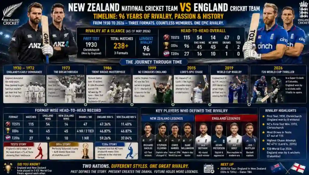 New Zealand National Cricket Team vs England Cricket Team Timeline