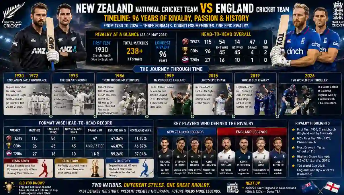 New Zealand National Cricket Team vs England Cricket Team Timeline