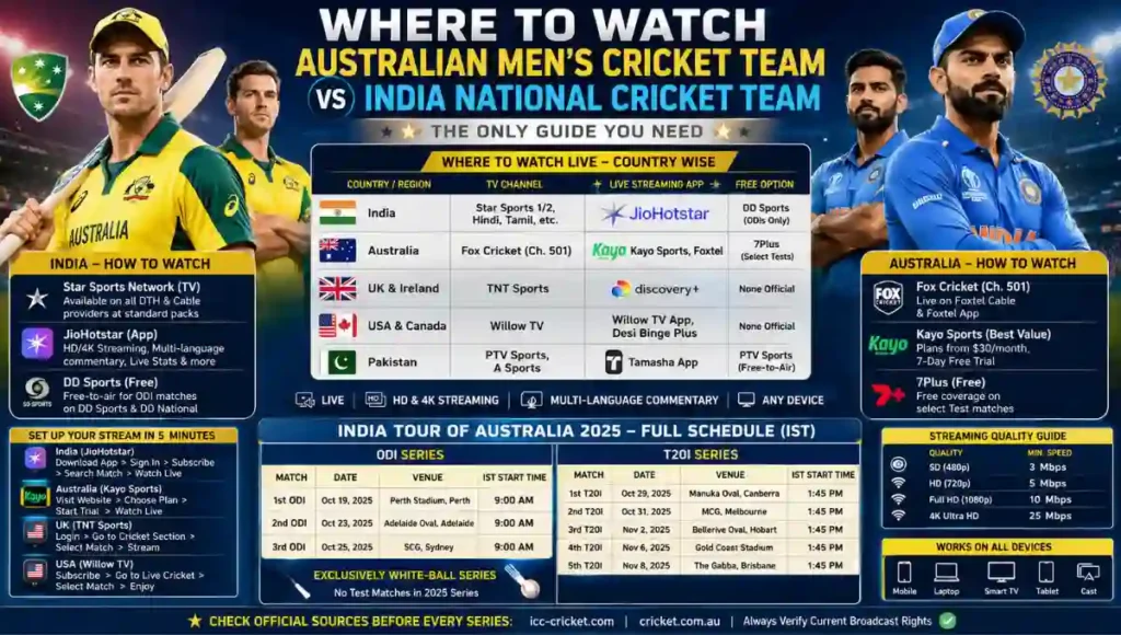 Where to Watch Australian Men's Cricket Team vs India National Cricket Team